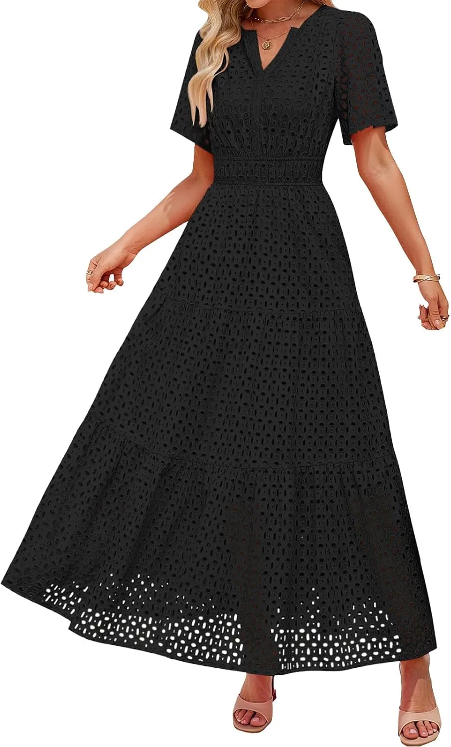 Summer Midi Dresses for Women Trendy Hollow Out V Neck Short Sleeve Dress Casual Comfortable Tunic Pleated Sundress