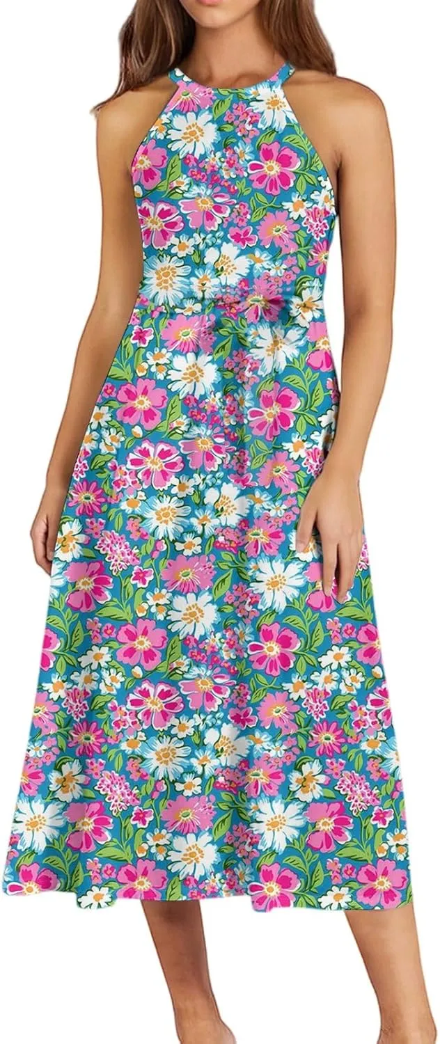 Summer Midi Halter Floral Dresses for Women 2025 Vacation Sleeveless Tie Empire Waist Flowy A Line Sundress Frocks