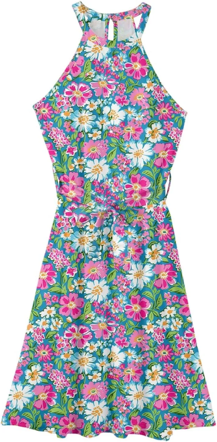 Summer Midi Halter Floral Dresses for Women 2025 Vacation Sleeveless Tie Empire Waist Flowy A Line Sundress Frocks
