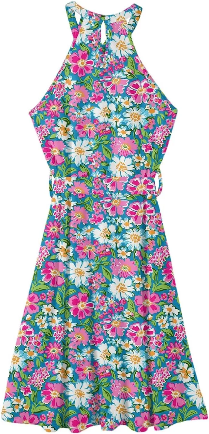 Summer Midi Halter Floral Dresses for Women 2025 Vacation Sleeveless Tie Empire Waist Flowy A Line Sundress Frocks