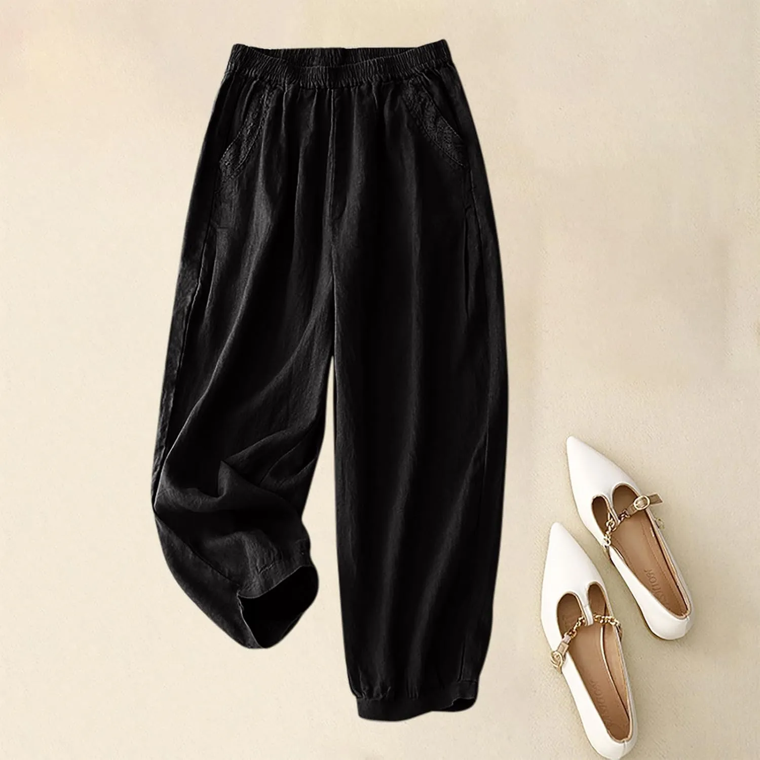 Summer Pants for Women Lightweight Elastic Solid Casual Loose Pant Cotton Linen Wide Leg Full-Length Pant