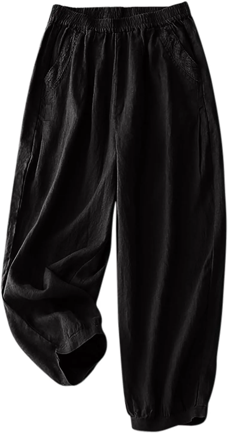 Summer Pants for Women Lightweight Elastic Solid Casual Loose Pant Cotton Linen Wide Leg Full-Length Pant