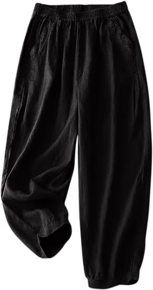 Summer Pants for Women Lightweight Elastic Solid Casual Loose Pant Cotton Linen Wide Leg Full-Length Pant