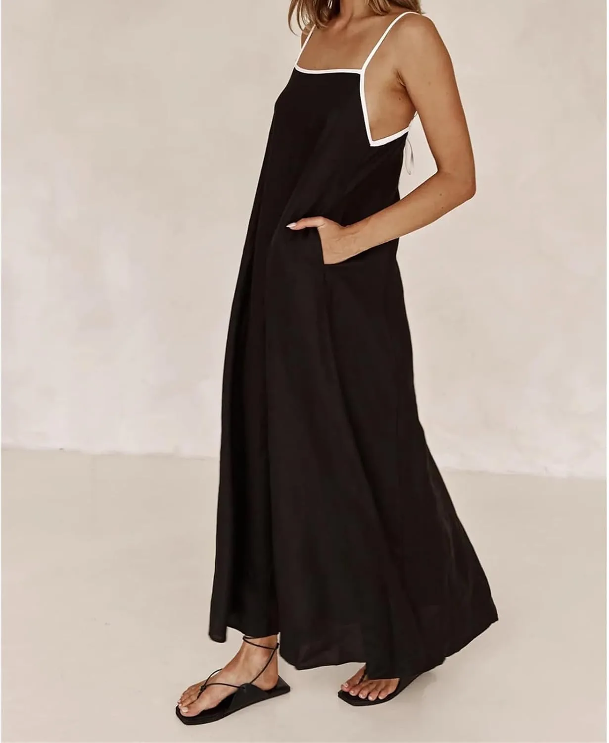Summer Sundress for Women Contrast Spaghetti Strap Maxi Dresses Sleeveless A Line Beach Dress Casual Vacation Dresses