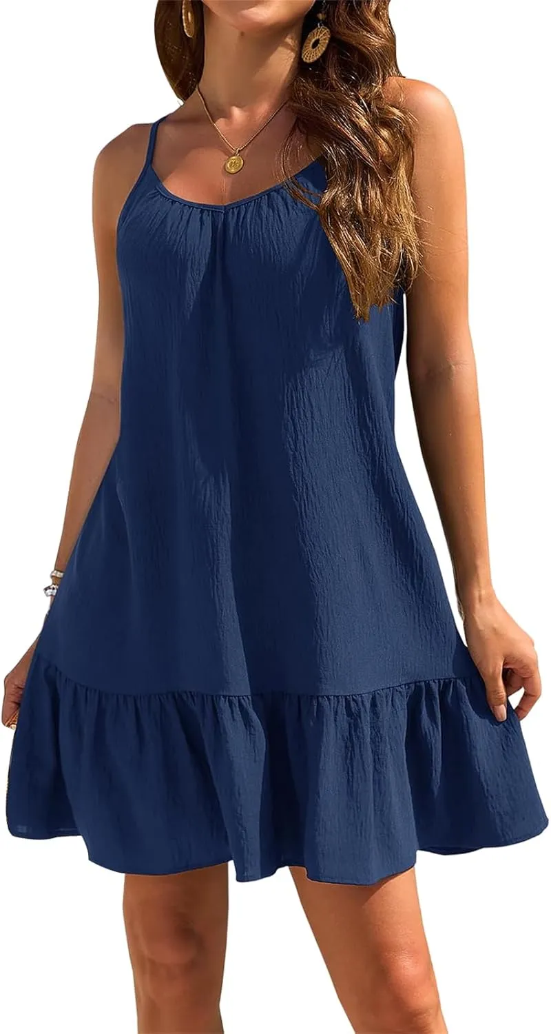 Summer Tank Dresses for Women Casual Crew Neck Sleeveless Spaghetti Strap Mini Dress Loose Fit Tunic Pleated Dresses