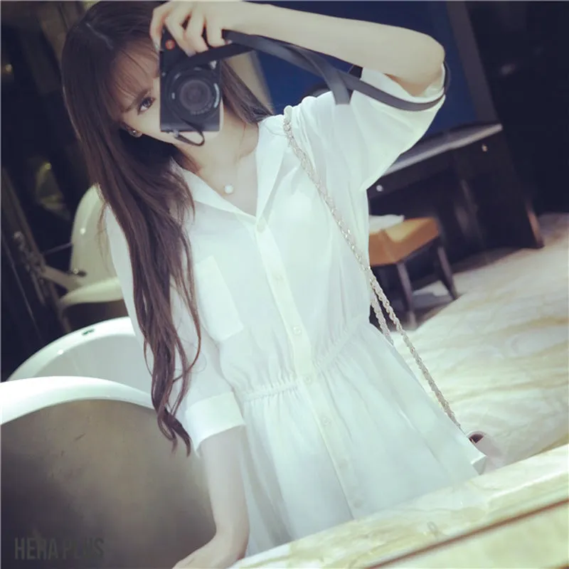 Summer Women Korean Slimming A-Line Dress Student Solid Colored Trendy Slim-Look Shirt Skirt