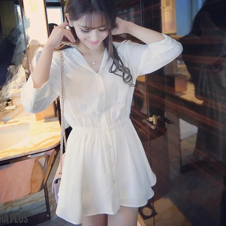 Summer Women Korean Slimming A-Line Dress Student Solid Colored Trendy Slim-Look Shirt Skirt