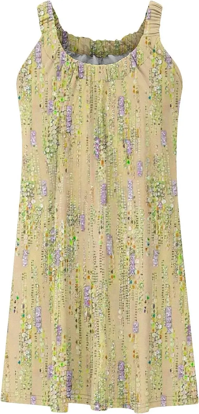 Sundresses for Women 2024 Casual Spaghetti Strap Printed Boho Dress Trendy Loose Fit Crewneck Summer Boho Dress