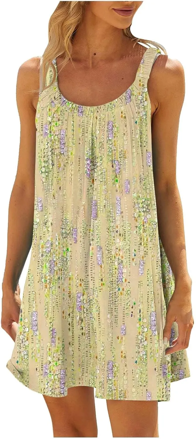 Sundresses for Women 2024 Casual Spaghetti Strap Printed Boho Dress Trendy Loose Fit Crewneck Summer Boho Dress