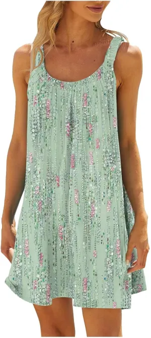 Sundresses for Women 2024 Casual Spaghetti Strap Printed Boho Dress Trendy Loose Fit Crewneck Summer Boho Dress