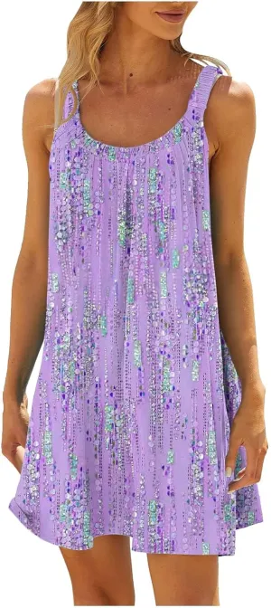 Sundresses for Women 2024 Casual Spaghetti Strap Printed Boho Dress Trendy Loose Fit Crewneck Summer Boho Dress