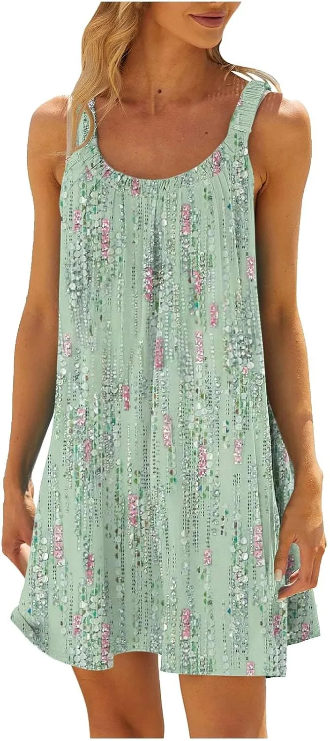 Sundresses for Women 2024 Casual Spaghetti Strap Printed Boho Dress Trendy Loose Fit Crewneck Summer Boho Dress