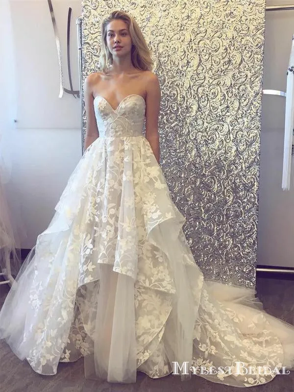 Sweetheart Ivory Lace A-line Long Cheap Wedding Dresses, WDS0028