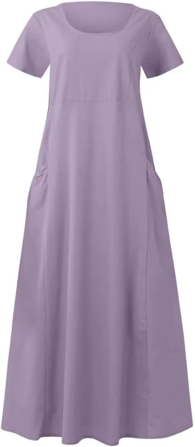 Swing Dresses for Women Casual Short Sleeve Cotton Linen Dress Solid Color Loose Beach Sundress Flowy Maxi Dress