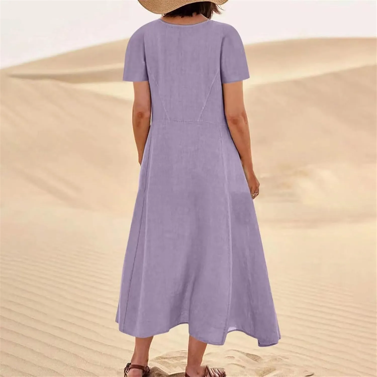 Swing Dresses for Women Casual Short Sleeve Cotton Linen Dress Solid Color Loose Beach Sundress Flowy Maxi Dress