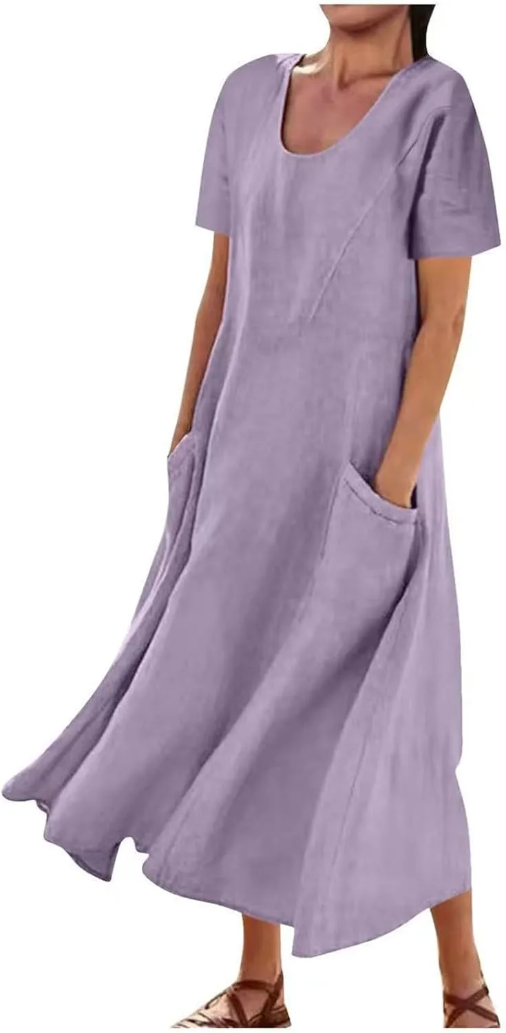 Swing Dresses for Women Casual Short Sleeve Cotton Linen Dress Solid Color Loose Beach Sundress Flowy Maxi Dress