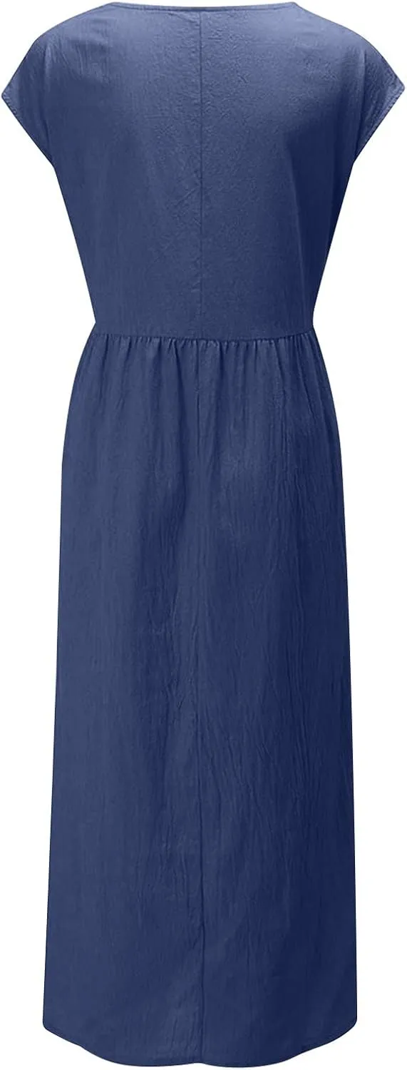 TANGNADE Womens Cotton Linen Maxi Dress Summer Solid Color Short Sleeve Crew Neck Dresses Plus Size Flowy Beach Dress
