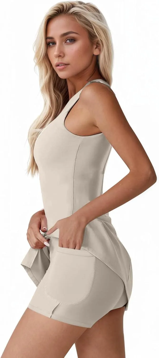 Tennis Dresses for Women with Shorts Athletic Side Slit Golf Dresses Sleeveless Crew Neck Mini Dress with Pockets