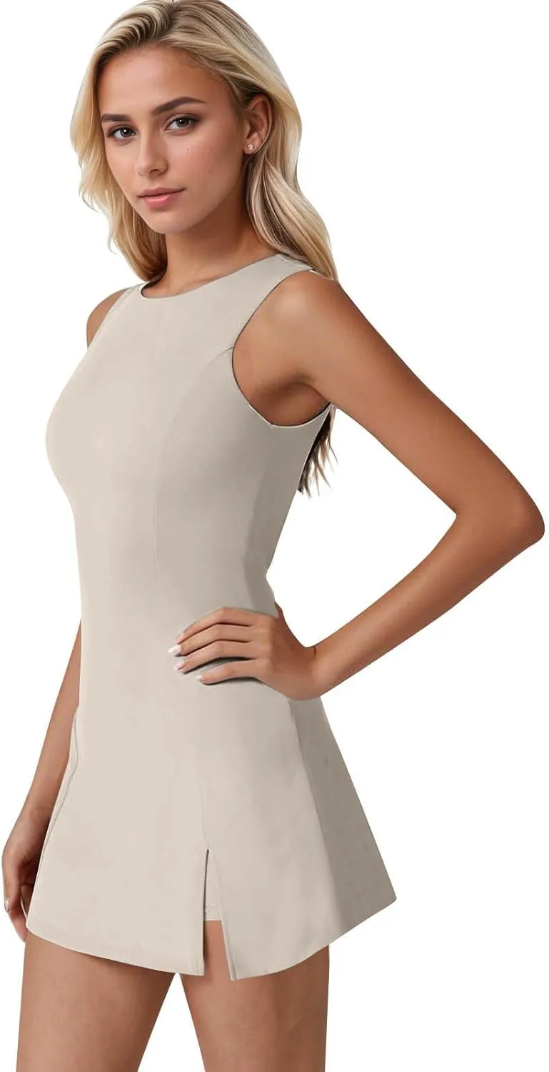 Tennis Dresses for Women with Shorts Athletic Side Slit Golf Dresses Sleeveless Crew Neck Mini Dress with Pockets