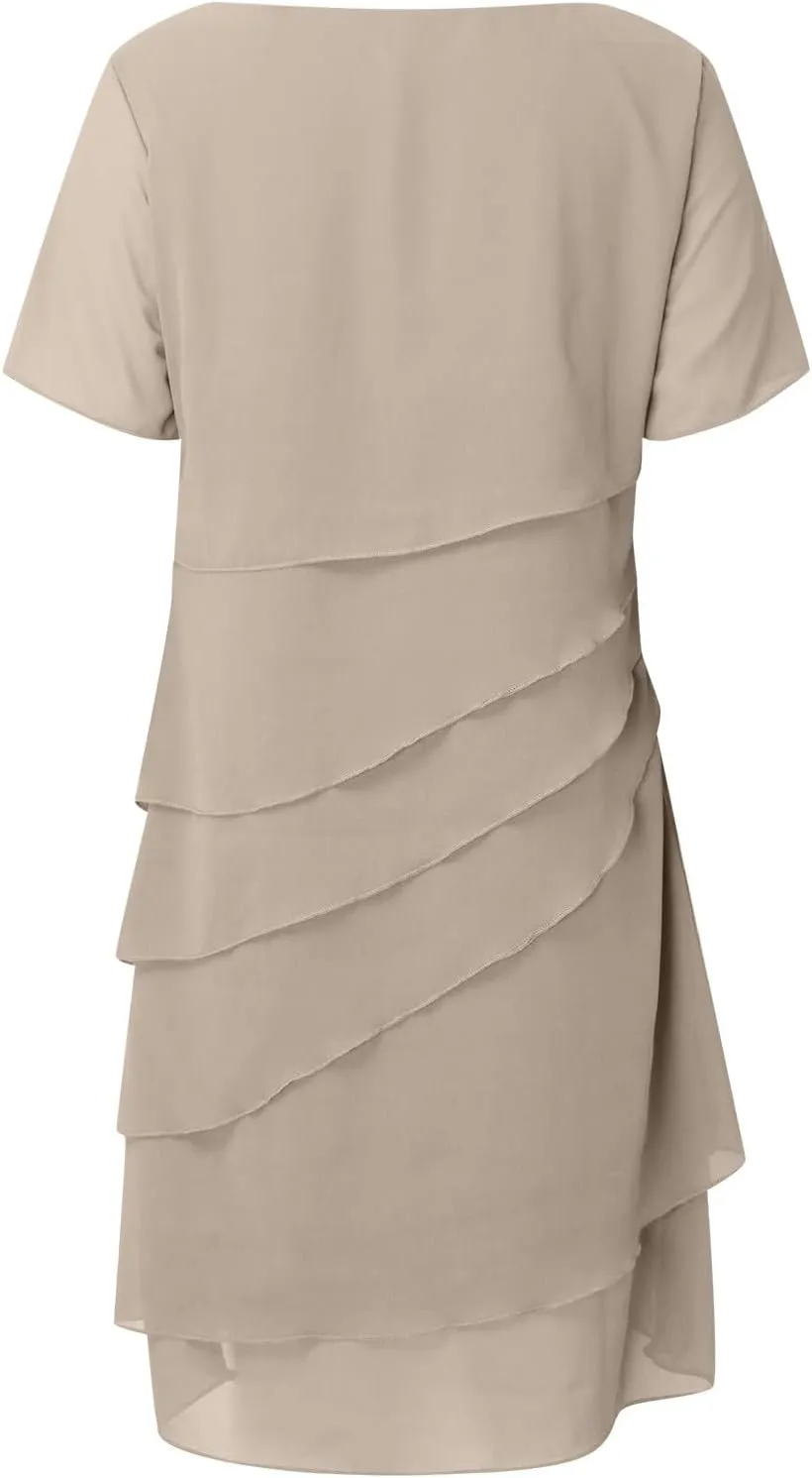 Tiered Chiffon Pleated A Line Flowy Mini Dress Women's Solid Color Long Dresses Cocktail Party Evening Dresses