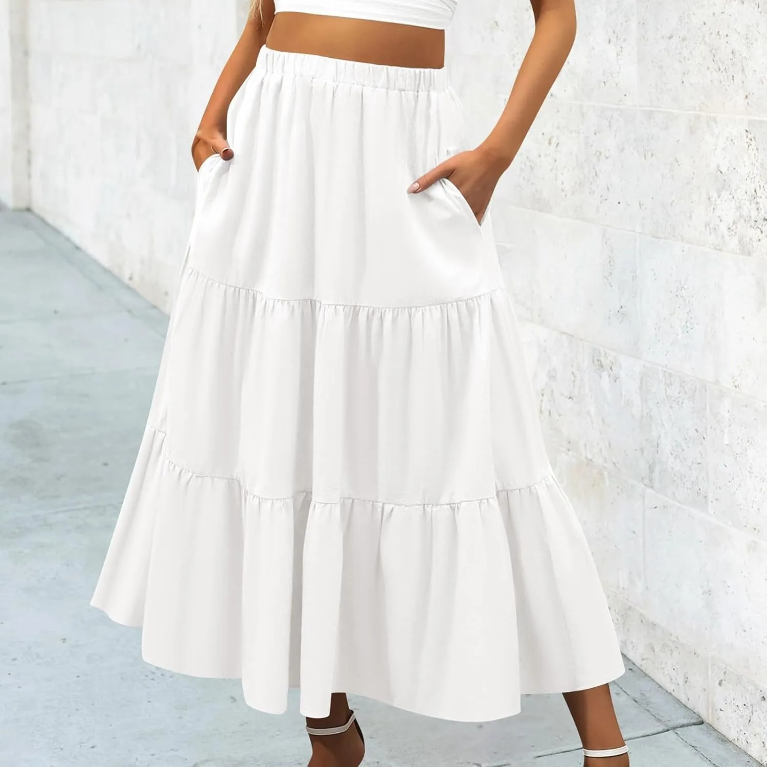 Tiered Maxi Skirts for Women Elastic Waist Ruffle Flowy A-Line Flared Skirt Boho Beach Long Skirts with Pockets