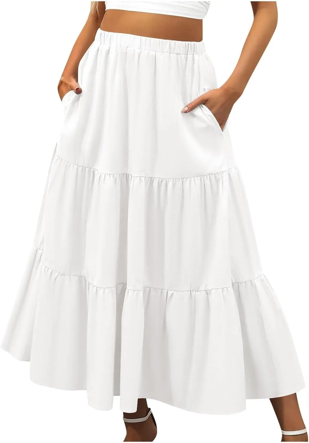 Tiered Maxi Skirts for Women Elastic Waist Ruffle Flowy A-Line Flared Skirt Boho Beach Long Skirts with Pockets
