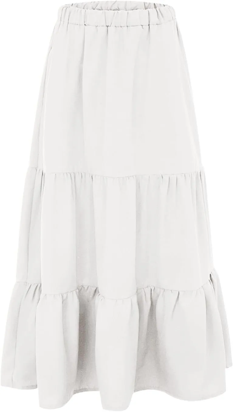 Tiered Maxi Skirts for Women Elastic Waist Ruffle Flowy A-Line Flared Skirt Boho Beach Long Skirts with Pockets