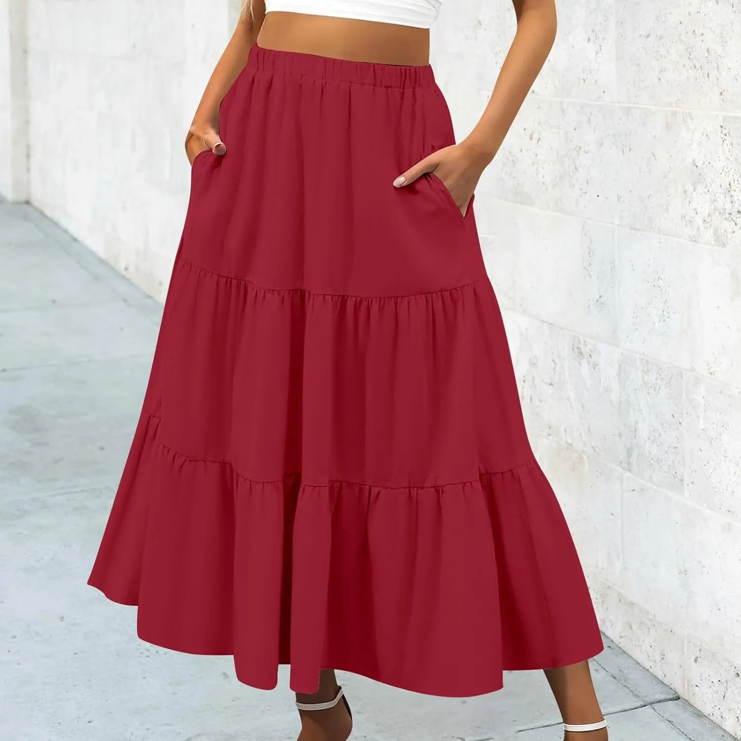 Tiered Maxi Skirts for Women Elastic Waist Ruffle Flowy A-Line Flared Skirt Boho Beach Long Skirts with Pockets