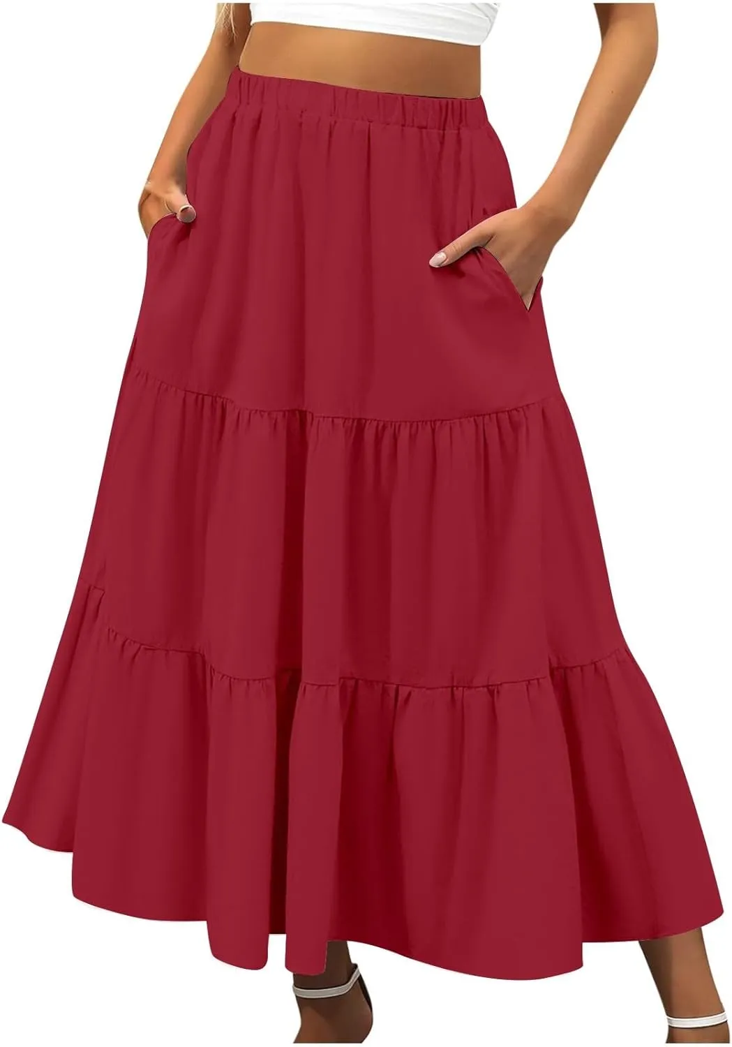 Tiered Maxi Skirts for Women Elastic Waist Ruffle Flowy A-Line Flared Skirt Boho Beach Long Skirts with Pockets