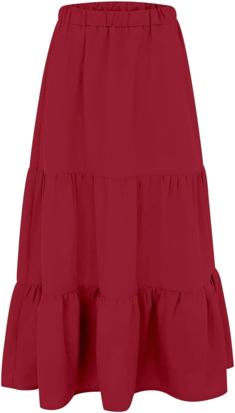 Tiered Maxi Skirts for Women Elastic Waist Ruffle Flowy A-Line Flared Skirt Boho Beach Long Skirts with Pockets