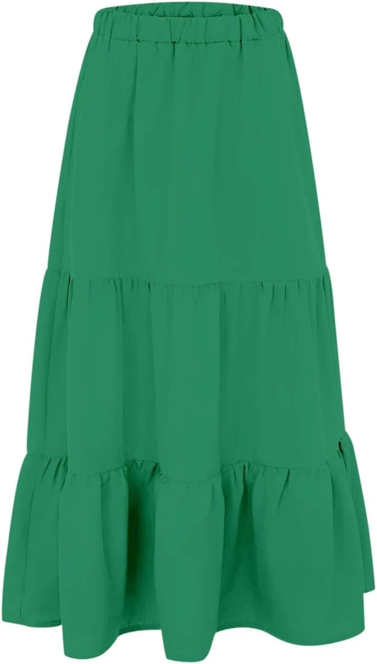 Tiered Maxi Skirts for Women Elastic Waist Ruffle Flowy A-Line Flared Skirt Boho Beach Long Skirts with Pockets