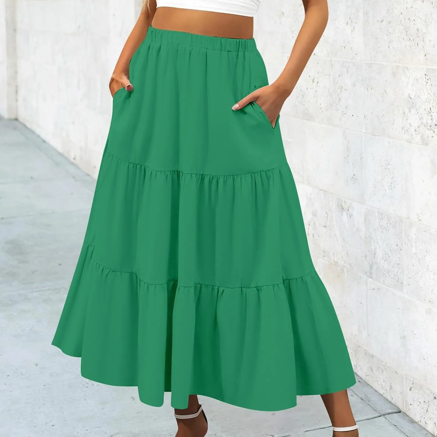 Tiered Maxi Skirts for Women Elastic Waist Ruffle Flowy A-Line Flared Skirt Boho Beach Long Skirts with Pockets