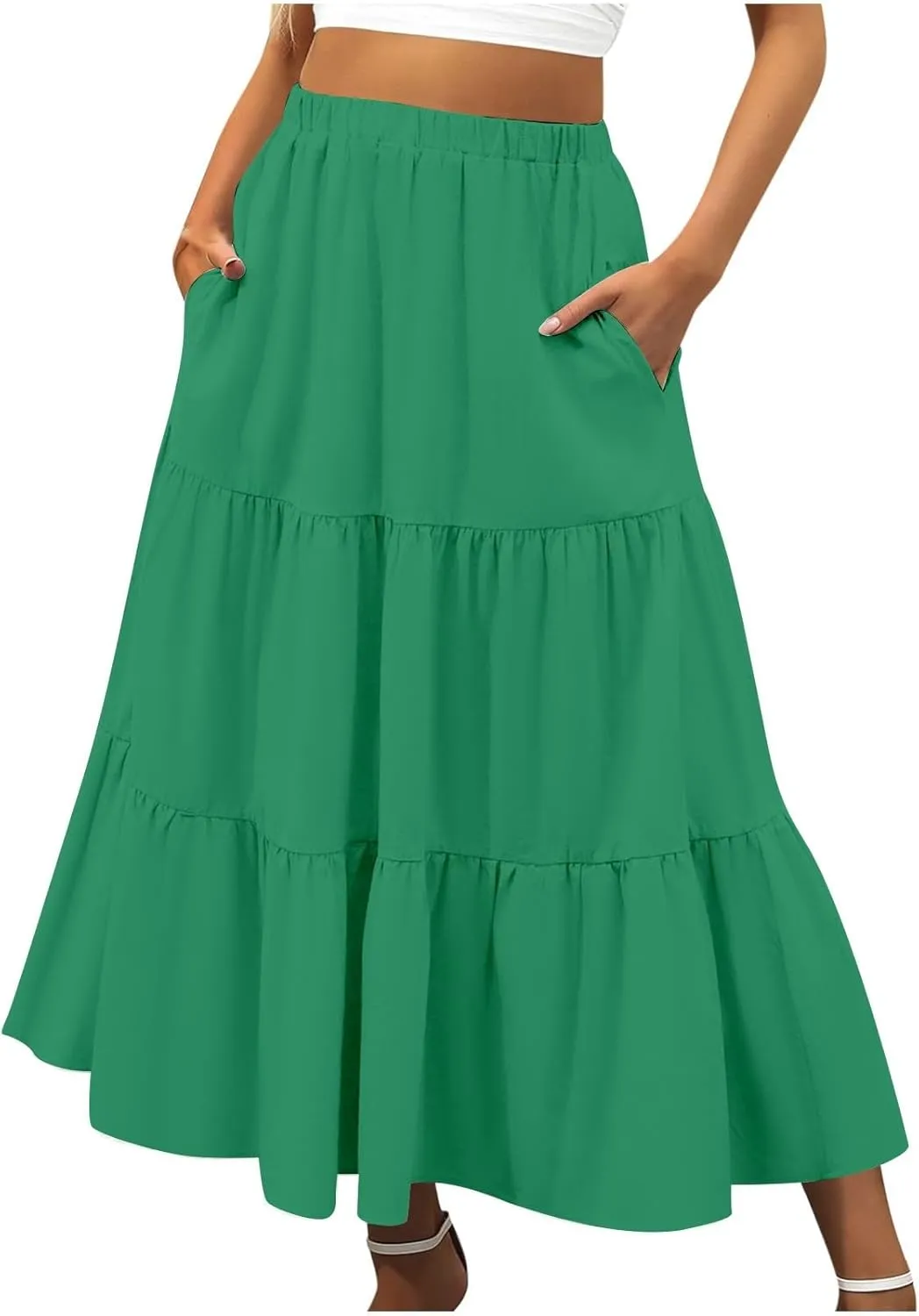 Tiered Maxi Skirts for Women Elastic Waist Ruffle Flowy A-Line Flared Skirt Boho Beach Long Skirts with Pockets