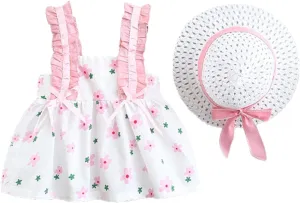 Toddler Baby Girl Suspender Ruffled Dress Floral Print Summer Princess Dress Beach Vacation Dress with Hats for 0~2T