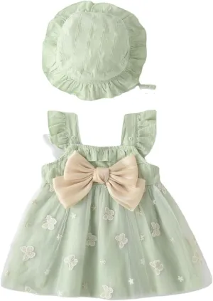 Toddler Baby Girl Suspender Ruffled Dress Floral Print Summer Princess Dress Beach Vacation Dress with Hats for 0~2T