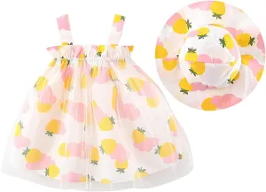 Toddler Baby Girl Suspender Ruffled Dress Floral Print Summer Princess Dress Beach Vacation Dress with Hats for 0~2T