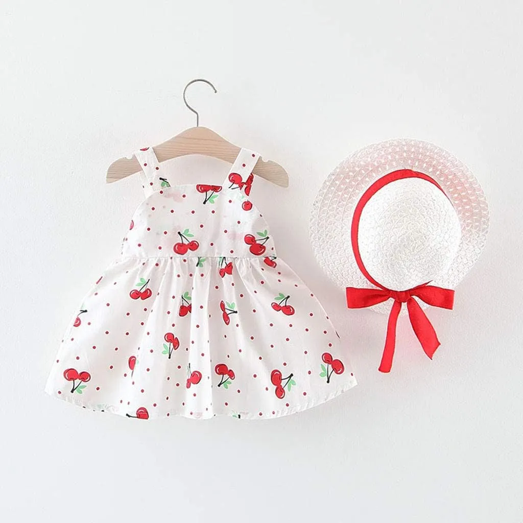 Toddler Baby Girl Suspender Ruffled Dress Floral Print Summer Princess Dress Beach Vacation Dress with Hats for 0~2T