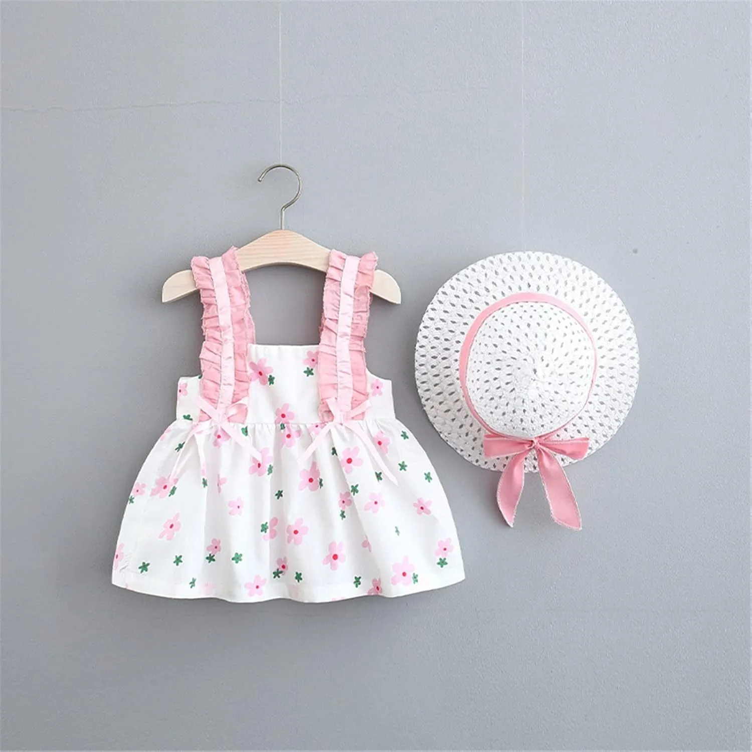 Toddler Baby Girl Suspender Ruffled Dress Floral Print Summer Princess Dress Beach Vacation Dress with Hats for 0~2T