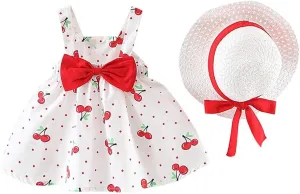 Toddler Baby Girl Suspender Ruffled Dress Floral Print Summer Princess Dress Beach Vacation Dress with Hats for 0~2T