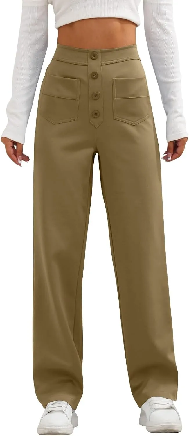 Trousers Pants for Women Women's Casual Straight Leg Pants High Waisted Button Down Stretchy Business Work Trousers