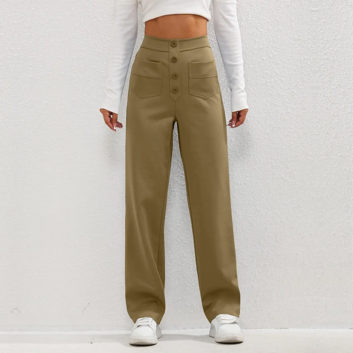 Trousers Pants for Women Women's Casual Straight Leg Pants High Waisted Button Down Stretchy Business Work Trousers