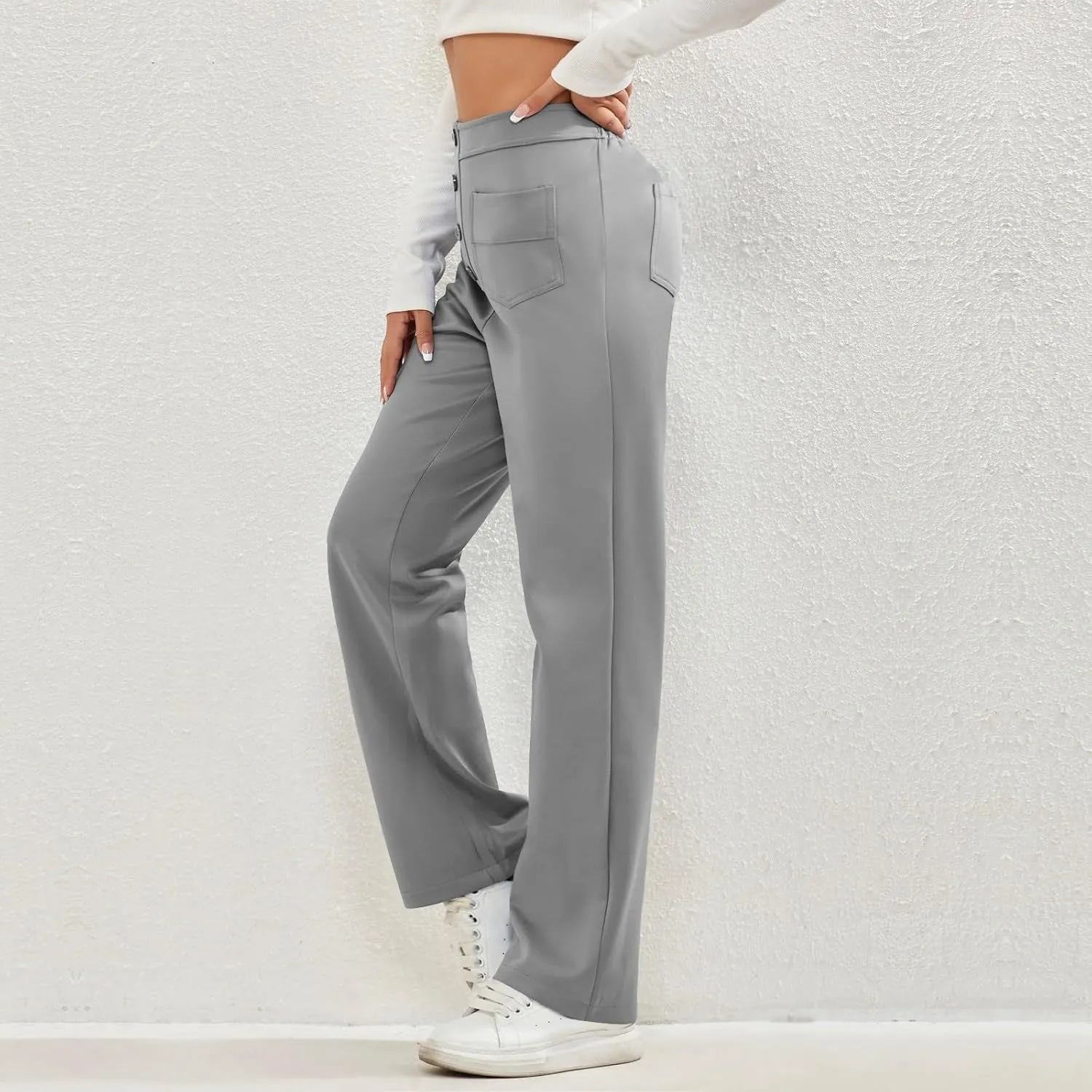 Trousers Pants for Women Women's Casual Straight Leg Pants High Waisted Button Down Stretchy Business Work Trousers