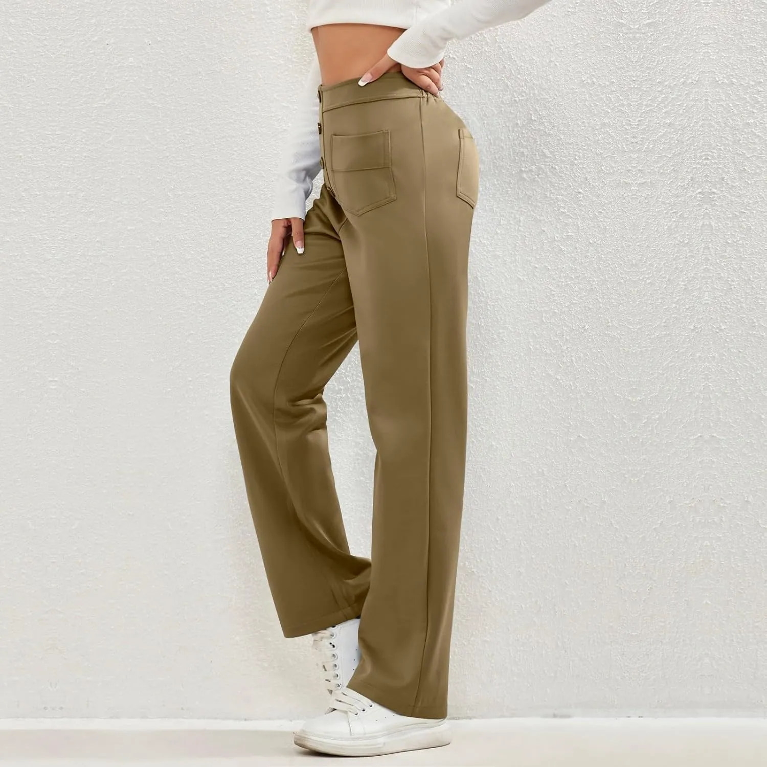 Trousers Pants for Women Women's Casual Straight Leg Pants High Waisted Button Down Stretchy Business Work Trousers