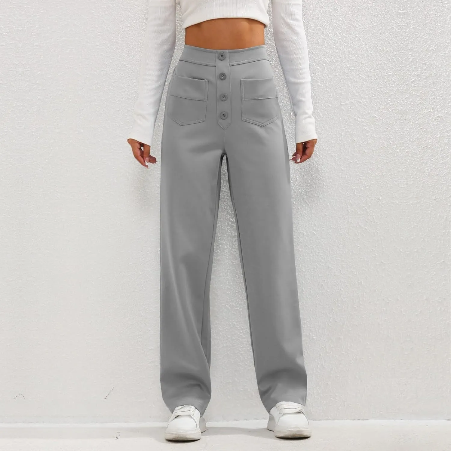 Trousers Pants for Women Women's Casual Straight Leg Pants High Waisted Button Down Stretchy Business Work Trousers