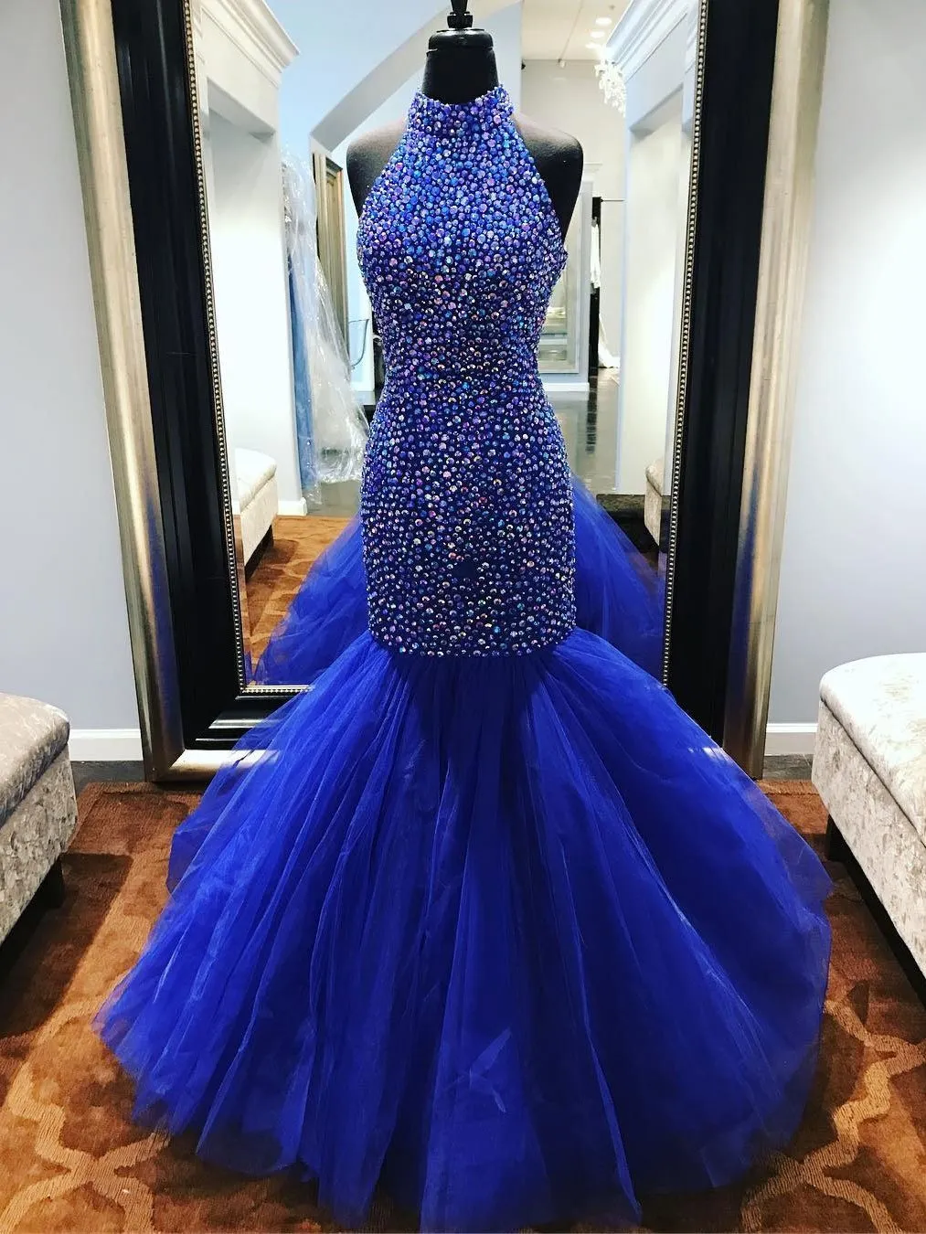 Trumpet/Mermaid Halter Sweep Train Tulle Rhinestone Evening Dresses 3023