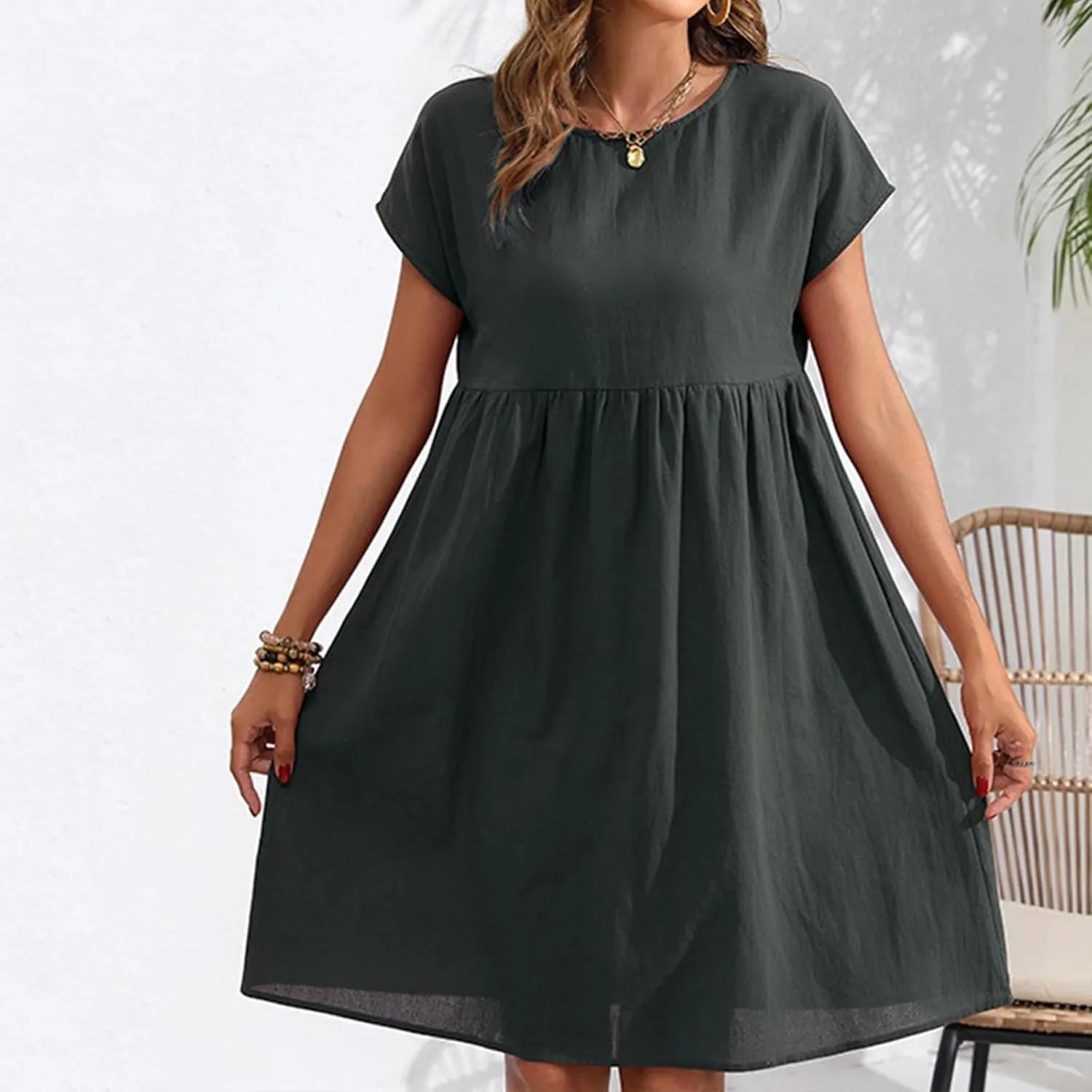 Tshirt Dress Women Casual Summer Short Dresses Cotton Linen Midi Dress Plus Size A Line Flowy Sundress Short Sleeve