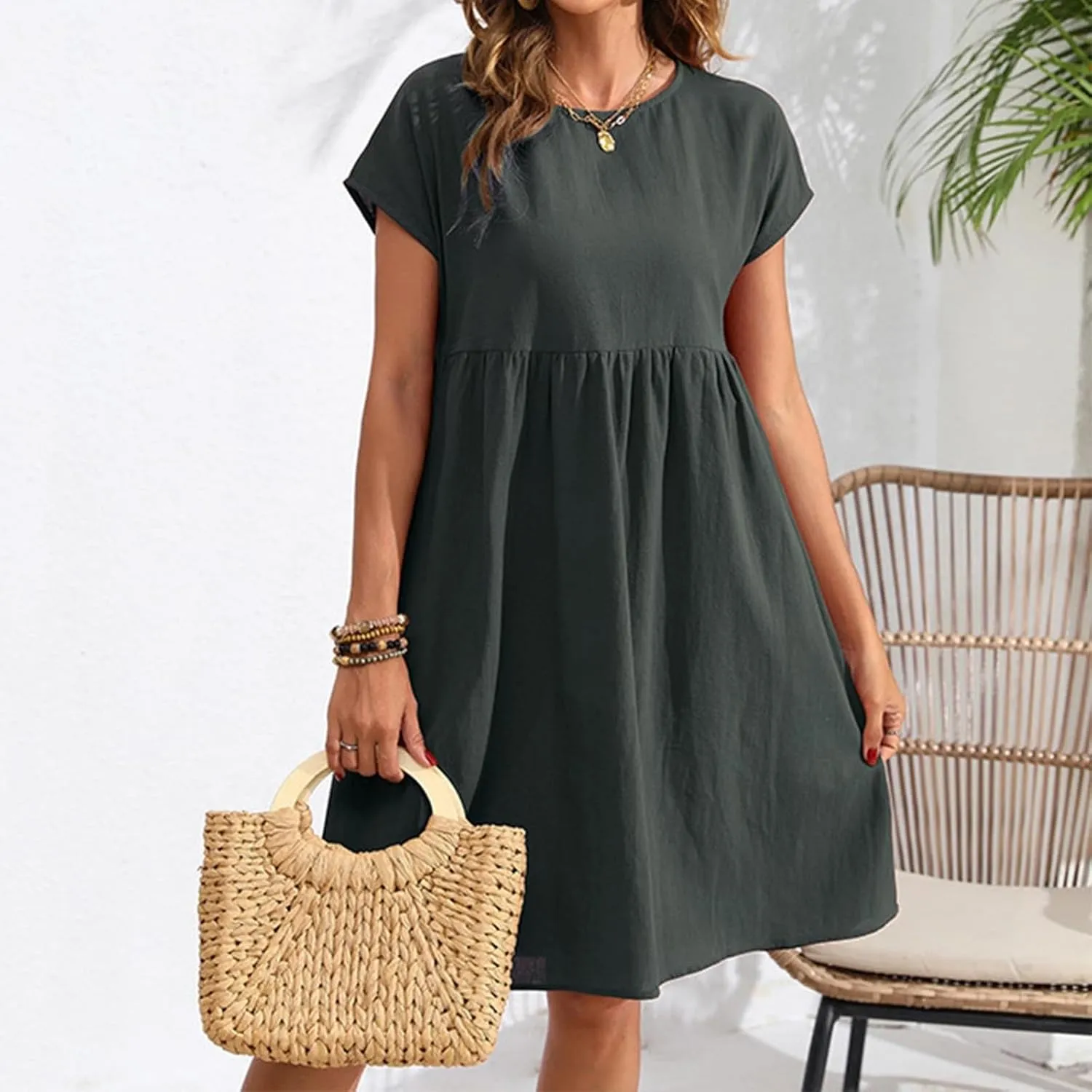 Tshirt Dress Women Casual Summer Short Dresses Cotton Linen Midi Dress Plus Size A Line Flowy Sundress Short Sleeve