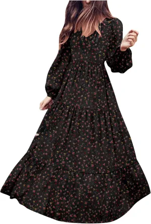 tuduoms Summer Boho Dress for Women Plus Size Smocked V-neck Dress Lantern Sleeve Floral Flared Flowy Chiffon Maxi Dress
