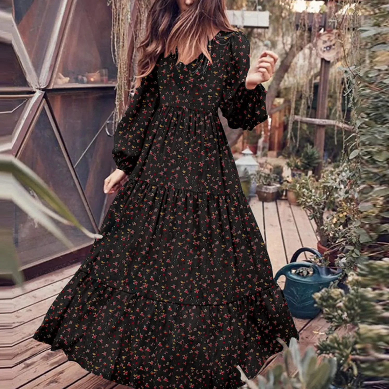 tuduoms Summer Boho Dress for Women Plus Size Smocked V-neck Dress Lantern Sleeve Floral Flared Flowy Chiffon Maxi Dress