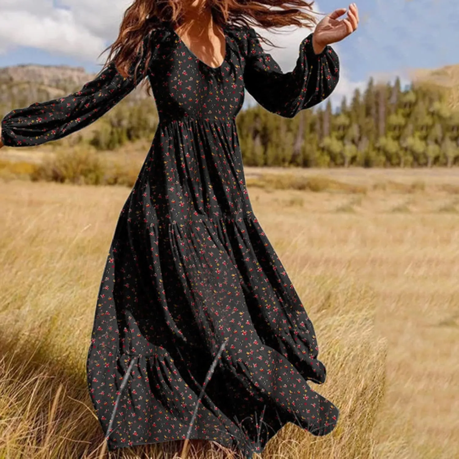tuduoms Summer Boho Dress for Women Plus Size Smocked V-neck Dress Lantern Sleeve Floral Flared Flowy Chiffon Maxi Dress